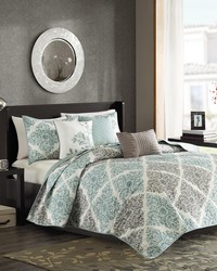 Claire 6 Piece Printed Quilt Set with Throw Pillows Aqua Full Queen by   