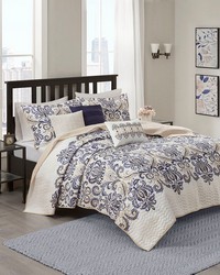 Cali 6 Piece Reversible Quilt Set with Throw Pillows Navy Tan Full Queen by   