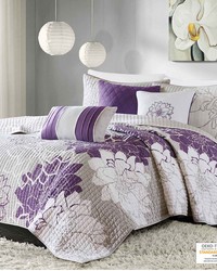 Lola 6 Piece Printed Cotton Quilt Set with Throw Pillows Taupe Grey Purple Full Queen by   