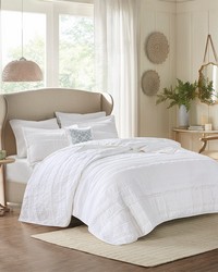 Celeste 4 Piece Microfiber Reversible Ruffle Quilt Set with Throw Pillow White Full Queen by   