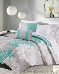 Lola 6 Piece Printed Cotton Quilt Set with Throw Pillows Aqua Full Queen by   