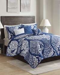 Vienna 6 Piece Printed Cotton Quilt Set with Throw Pillows Indigo Full Queen by   