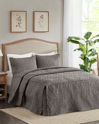 Quebec 3 Piece Split Corner Pleated Quilted Bedspread Dark Grey Queen by   