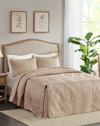 Quebec 3 Piece Split Corner Pleated Quilted Bedspread Khaki Queen by   