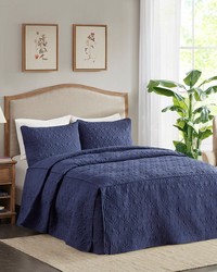 Quebec 3 Piece Split Corner Pleated Quilted Bedspread Navy Queen by   