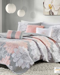 Lola 6 Piece Printed Cotton Quilt Set with Throw Pillows Grey Peach Full Queen by   