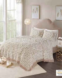 Laetitia Tufted Cotton Chenille Medallion Fringe Coverlet Mini Set Taupe Full Queen by   