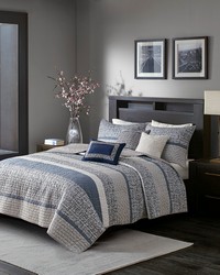 Rhapsody 6 Piece Reversible Jacquard Quilt Set with Throw Pillows Navy King by   