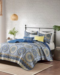 Tangiers 6 Piece Reversible Quilt Set with Throw Pillows Blue Full Queen by   