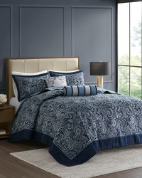 Aubrey 5 Piece Jacquard Bedspread Set with Throw Pillows Navy Queen by   