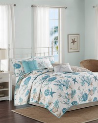 Pebble Beach 6 Piece Cotton Sateen Quilt Set with Throw Pillows Aqua Full Queen by   