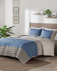 Blake 3 Piece Printed Color Blocking Microfiber Quilt Set Taupe Blue Full Queen by   