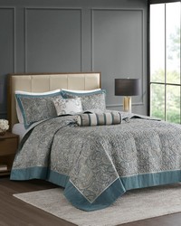 Aubrey 5 Piece Jacquard Bedspread Set with Throw Pillows Teal Queen by   