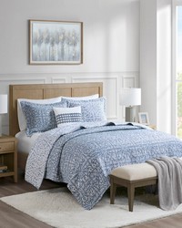 Harmony 4 Piece Oversized Reversible Matelasse Quilt Set with Throw Pillow Blue Full Queen by   