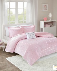 Rosalie Metallic Printed Plush Comforter Set with Throw Pillow Pink Silver Full Queen by   