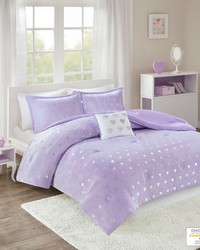 Rosalie Metallic Printed Plush Comforter Set with Throw Pillow Purple Silver Full Queen by   