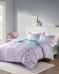 Pearl Metallic Printed Reversible Comforter Set Aqua Purple Full Queen by   