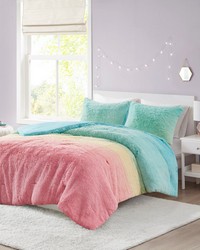 Primrose Ombre Shaggy Faux Fur Comforter Set Aqua Multi Full Queen by   