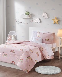 Alicia Rainbow and Metallic Stars Comforter Set with Bed Sheets Pink Twin by   