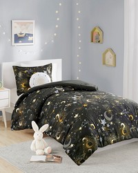 Celia Starry Sky Metallic Comforter Set with Throw Pillow Charcoal Gold Full Queen by   