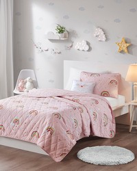 Alicia Rainbow with Metallic Printed Stars Reversible Quilt Set with Throw Pillow Pink Full Queen by   