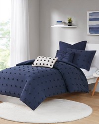 Brooklyn Cotton Jacquard Comforter Set with Euro Shams and Throw Pillows Navy Twin by   