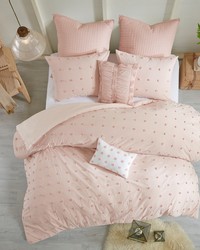 Brooklyn Cotton Jacquard Duvet Cover Set with Euro Shams and Throw Pillows Pink Full Queen by   