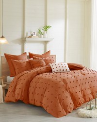 Brooklyn Cotton Jacquard Duvet Cover Set with Euro Shams and Throw Pillows Rust Full Queen by   