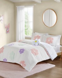 Gracie Floral Reversible Tufted Chenille Comforter Set with Flower Throw Pillow White Purple Twin by   