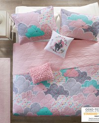 Cloud Reversible Cotton Quilt Set with Throw Pillows Pink Full Queen by   