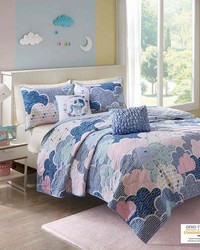 Cloud Reversible Cotton Quilt Set with Throw Pillows Blue Full Queen by   