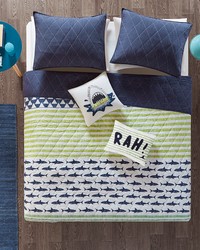 Finn Shark Reversible Cotton Quilt Set with Throw Pillows Green   Navy Full Queen by   