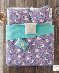 Lola Unicorn Reversible Cotton  Quilt Set with Throw Pillows Purple Full Queen by   