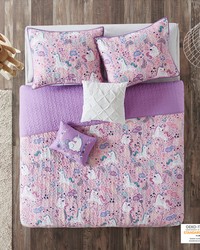 Lola Unicorn Reversible Cotton  Quilt Set with Throw Pillows Pink Full Queen by   