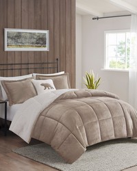 Alton Plush to Sherpa Down Alternative Comforter Set Taupe Ivory Full Queen by   