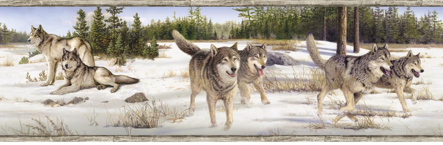 Brewster Wallcovering Shiloh White Wintry Wolf Portrait Border Wallpaper